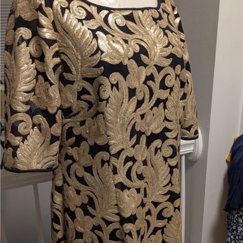 ANTONIO MELANI Black and Gold Embroidered Midi Sheath Dress